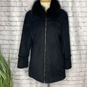 Wilson's Leather Faux Suede Real Fox Fur Removable Collar Zip-Up Jacket Coat Bla